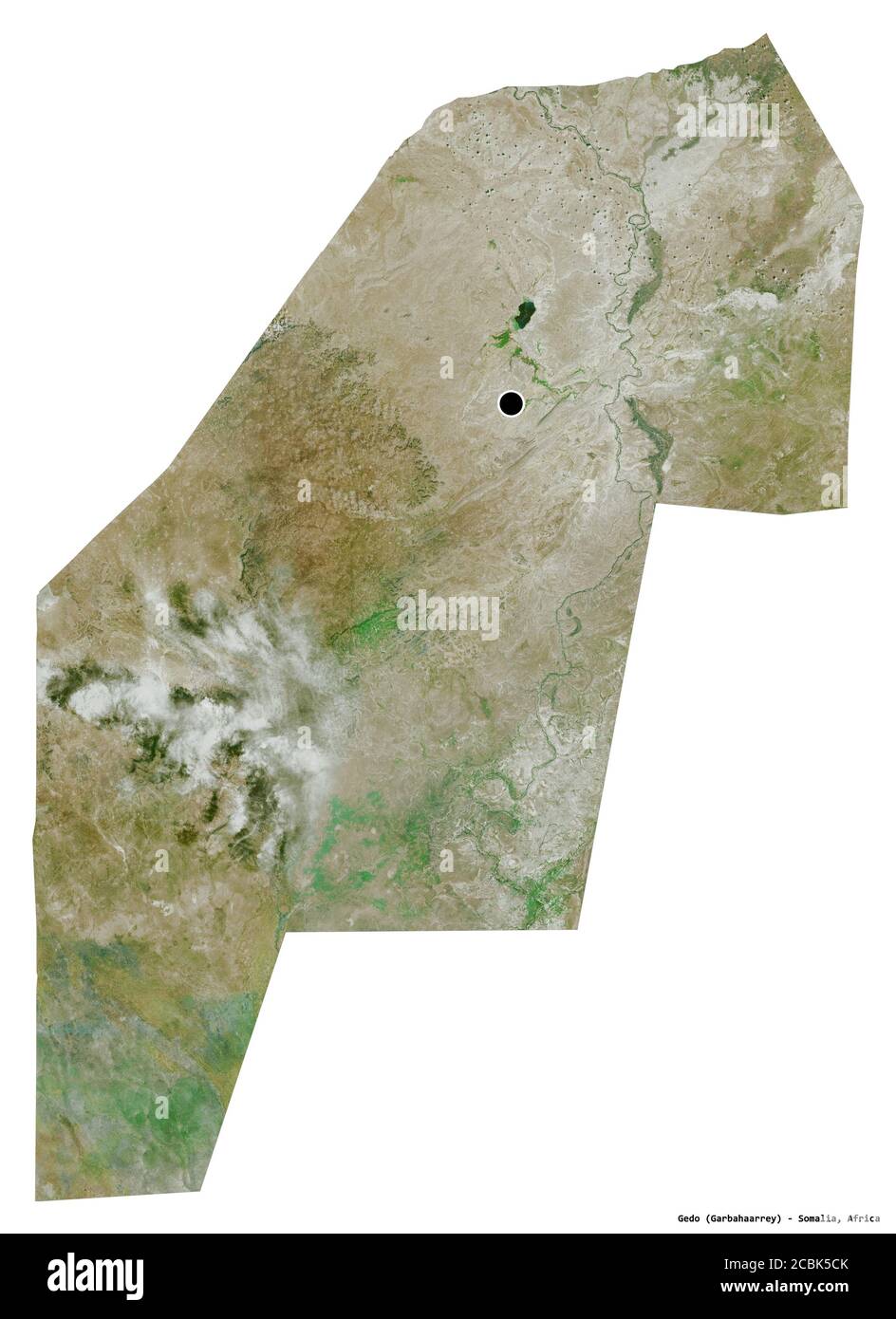 Forma di Gedo, regione della Somalia, con la sua capitale isolata su sfondo bianco. Immagini satellitari. Rendering 3D Foto Stock