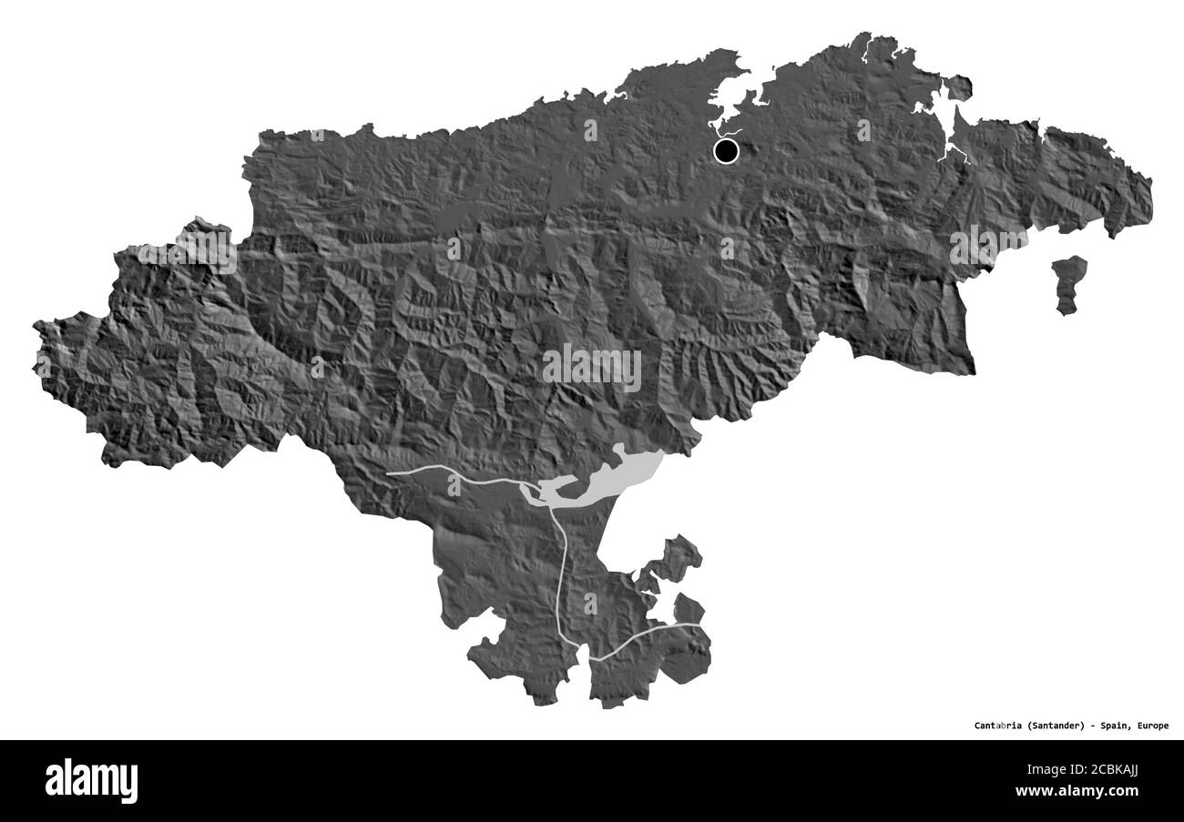 Forma della Cantabria, comunità autonoma della Spagna, con la sua capitale isolata su sfondo bianco. Mappa elevazione bilivello. Rendering 3D Foto Stock