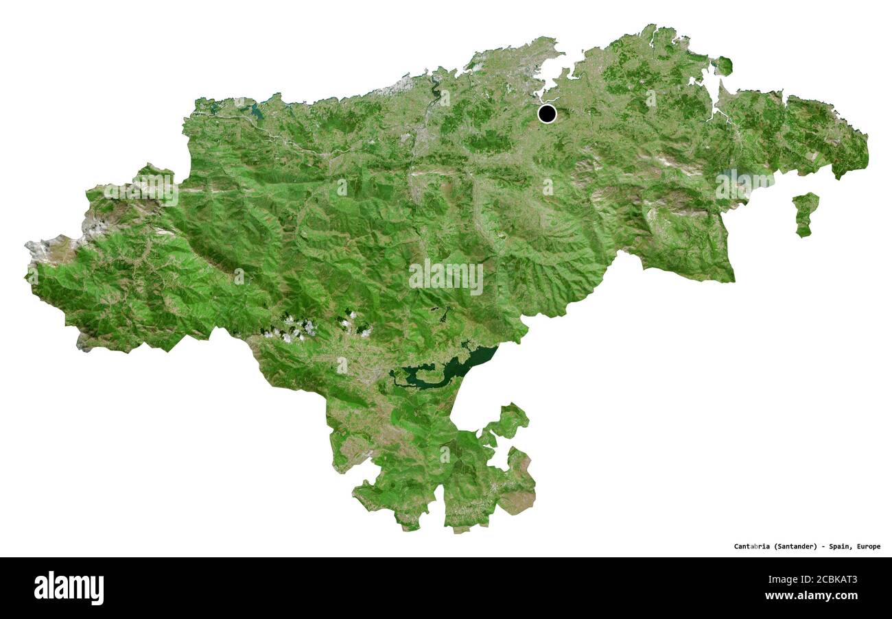 Forma della Cantabria, comunità autonoma della Spagna, con la sua capitale isolata su sfondo bianco. Immagini satellitari. Rendering 3D Foto Stock