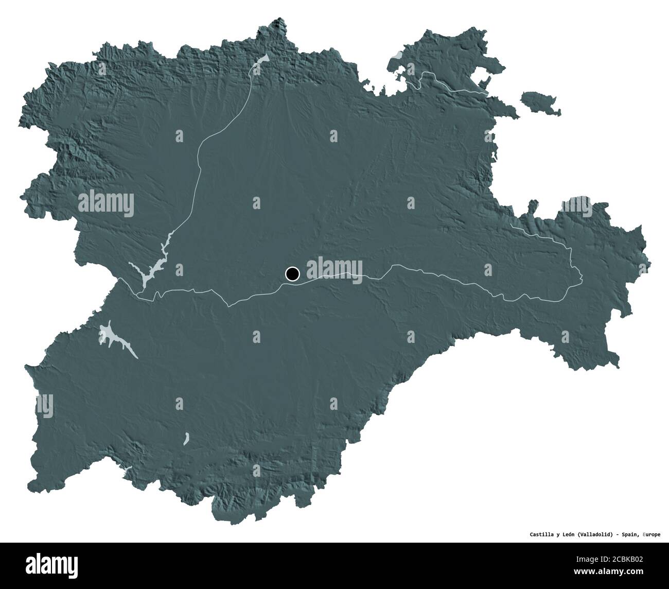 Forma di Castilla y León, comunità autonoma della Spagna, con la sua capitale isolata su sfondo bianco. Mappa di elevazione colorata. Rendering 3D Foto Stock
