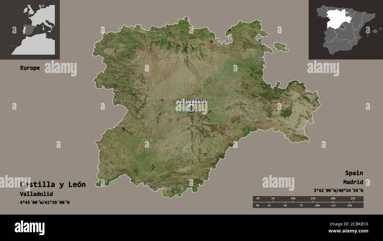 Forma di Castilla y León, comunità autonoma della Spagna, e la sua capitale. Scala della distanza, anteprime ed etichette. Immagini satellitari. Rendering 3D Foto Stock