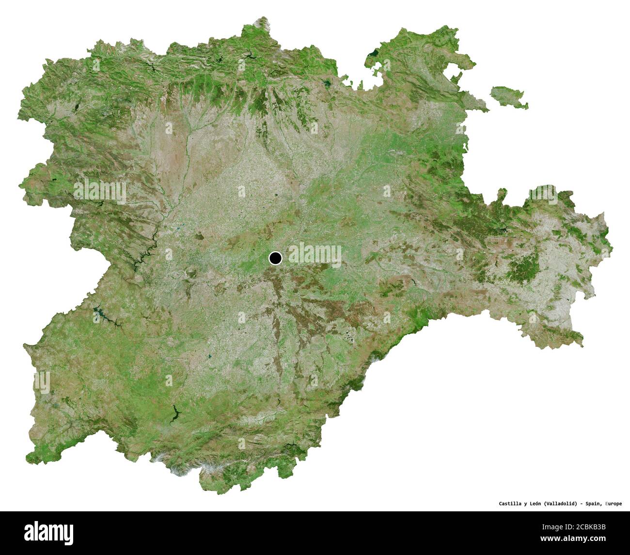 Forma di Castilla y León, comunità autonoma della Spagna, con la sua capitale isolata su sfondo bianco. Immagini satellitari. Rendering 3D Foto Stock