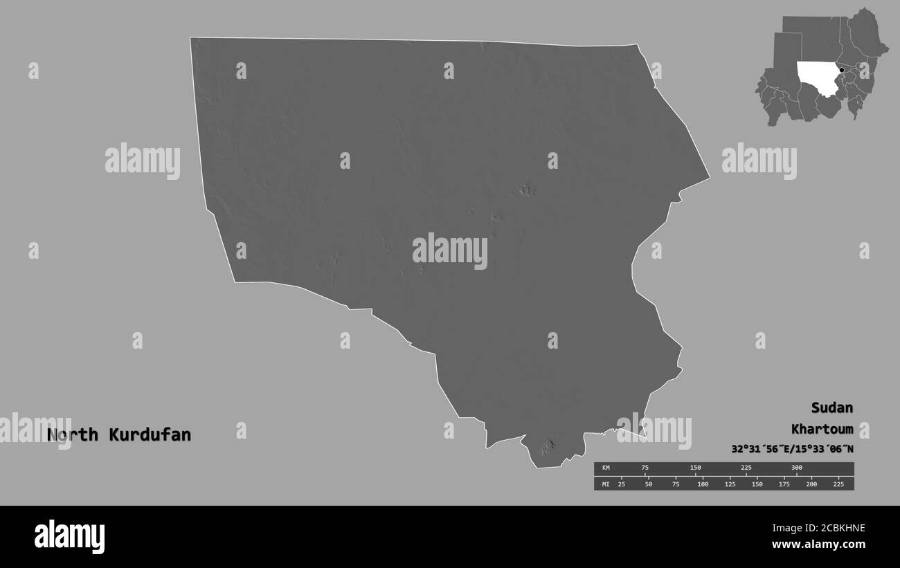 Forma del Nord Kurdufan, stato del Sudan, con la sua capitale isolata su solido sfondo. Scala della distanza, anteprima della regione ed etichette. Elevazione bilivello m Foto Stock