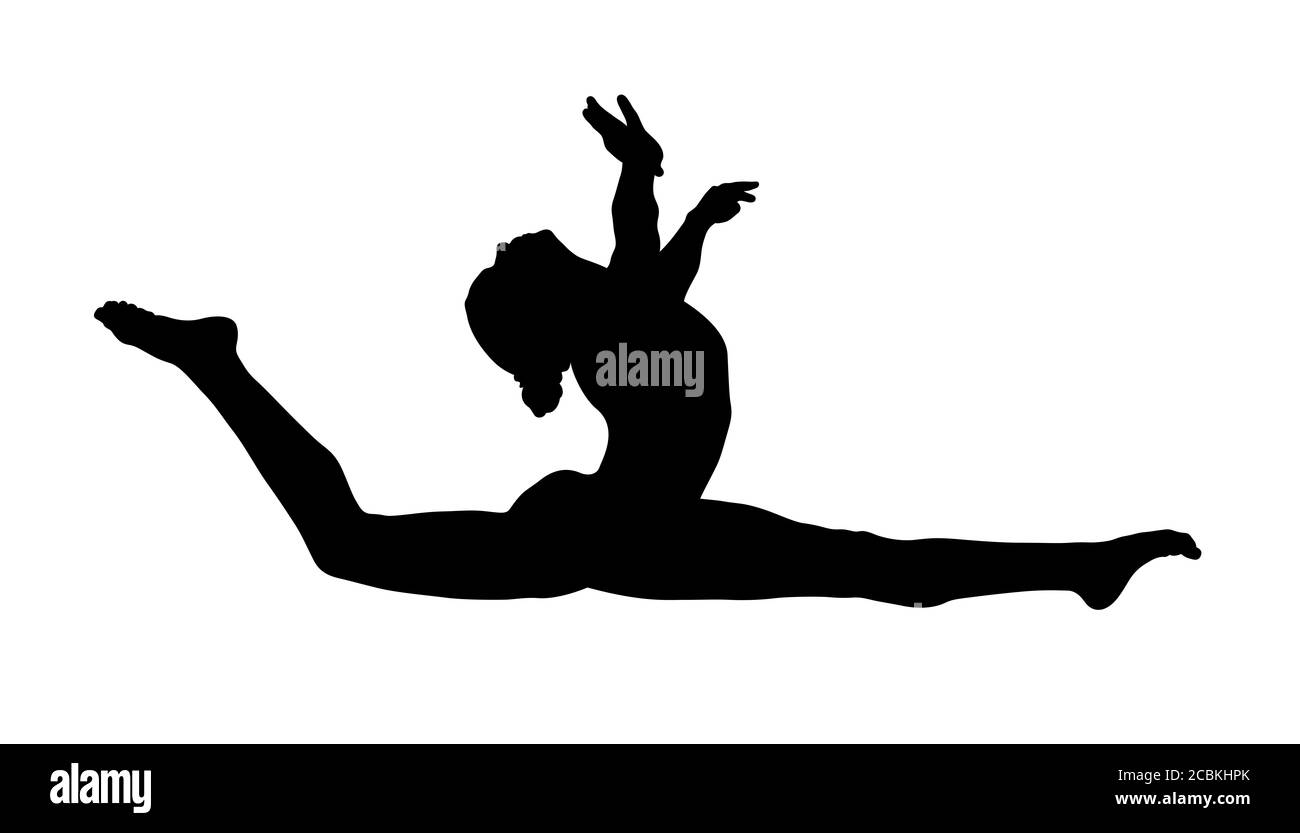 ragazza ginnastica atleta facendo split salto nero silhouette Foto Stock