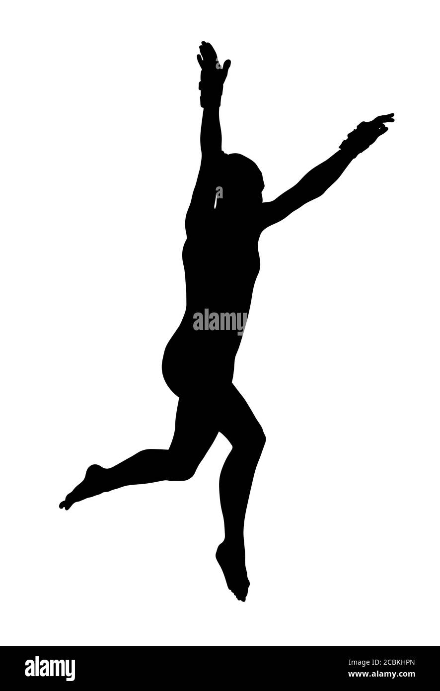 ragazza gymnast salto in tavola da vaulting ginnastica silhouette nera Foto Stock