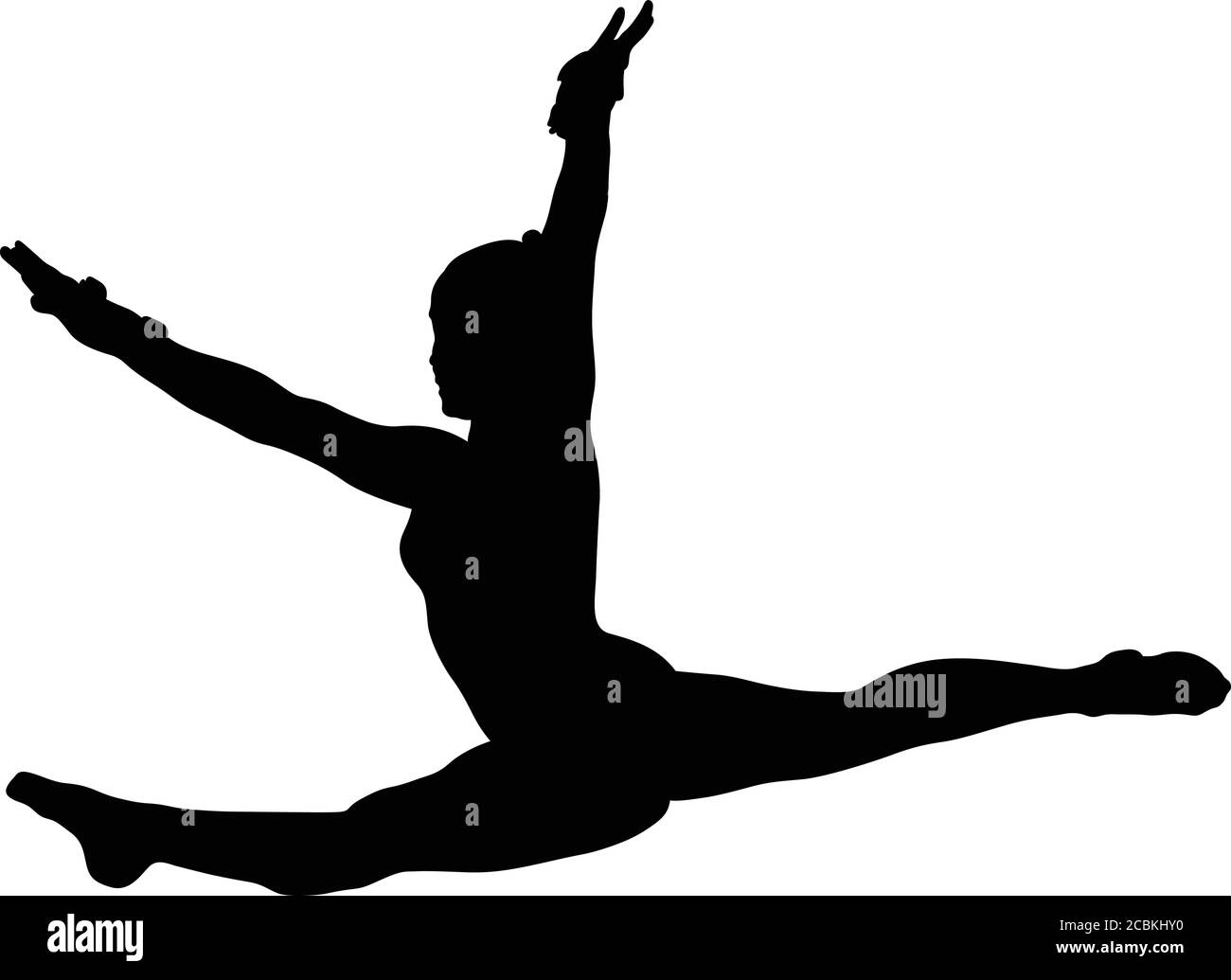 ragazza gymnast facendo salto split salto silhouette nera Illustrazione Vettoriale