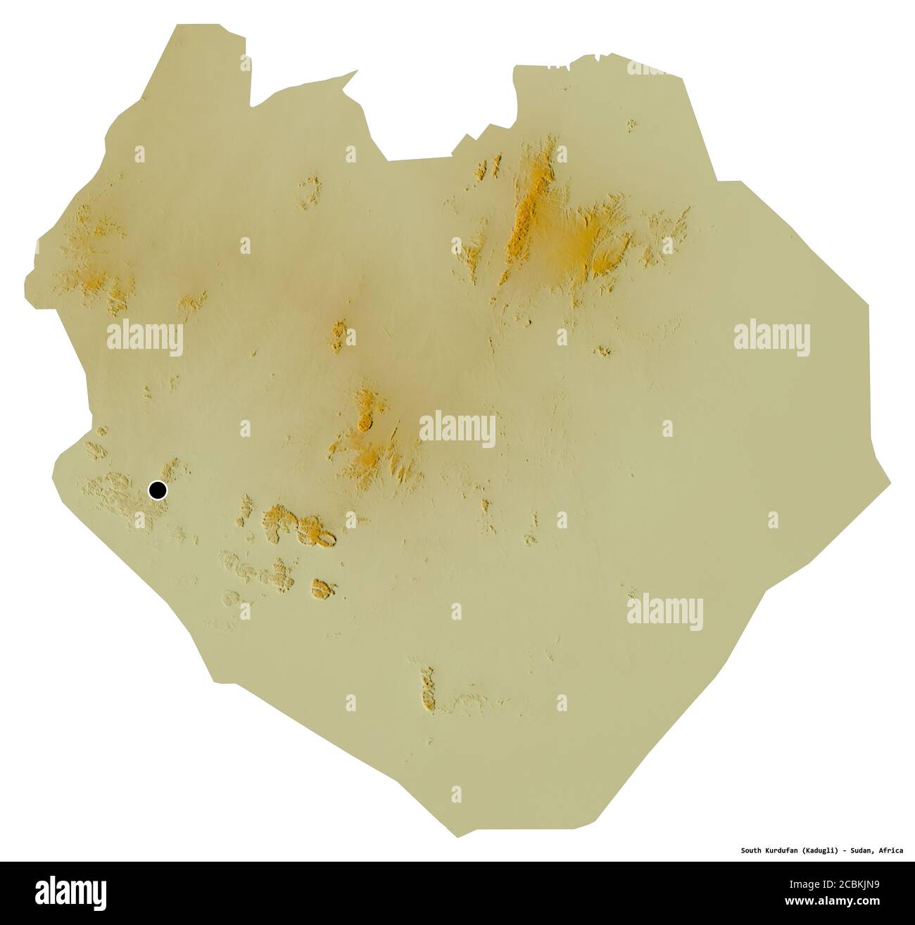 Forma del Kurdufan del Sud, stato del Sudan, con la sua capitale isolata su sfondo bianco. Mappa di rilievo topografico. Rendering 3D Foto Stock