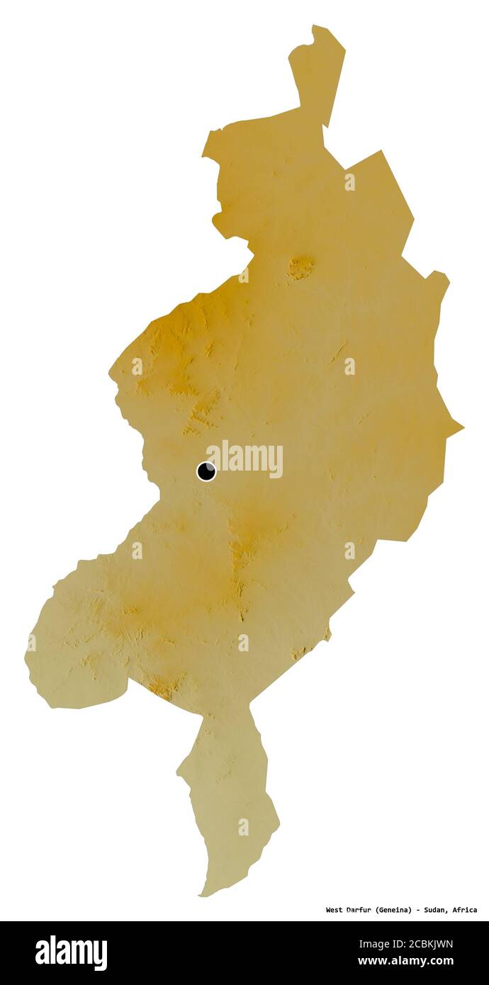 Forma del Darfur occidentale, stato del Sudan, con la sua capitale isolata su sfondo bianco. Mappa di rilievo topografico. Rendering 3D Foto Stock