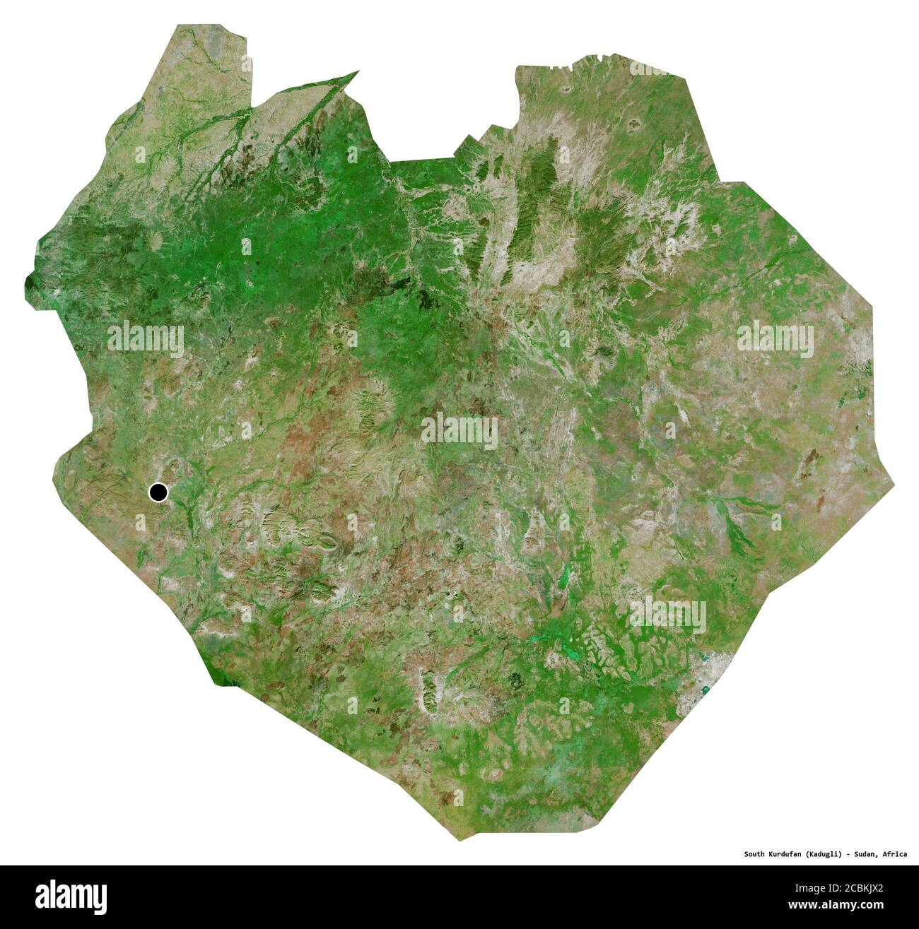 Forma del Kurdufan del Sud, stato del Sudan, con la sua capitale isolata su sfondo bianco. Immagini satellitari. Rendering 3D Foto Stock