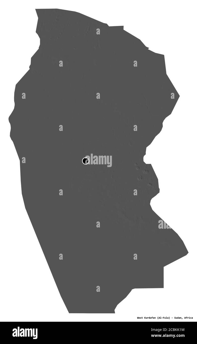 Forma del Kurdufan occidentale, stato del Sudan, con la sua capitale isolata su sfondo bianco. Mappa elevazione bilivello. Rendering 3D Foto Stock