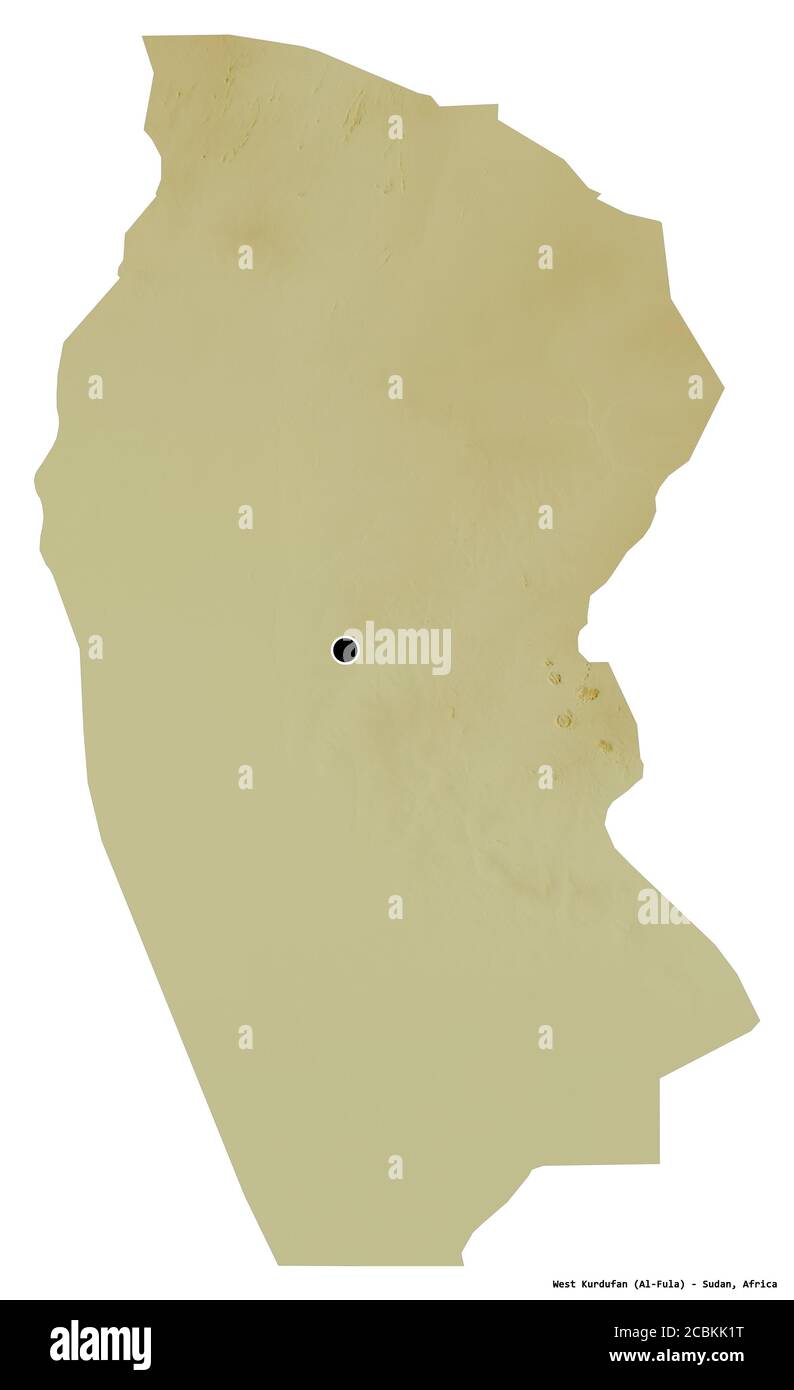 Forma del Kurdufan occidentale, stato del Sudan, con la sua capitale isolata su sfondo bianco. Mappa di rilievo topografico. Rendering 3D Foto Stock