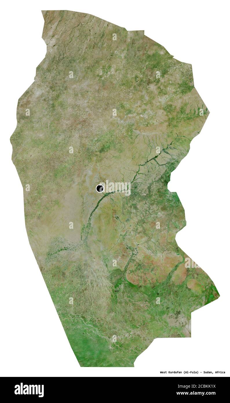Forma del Kurdufan occidentale, stato del Sudan, con la sua capitale isolata su sfondo bianco. Immagini satellitari. Rendering 3D Foto Stock