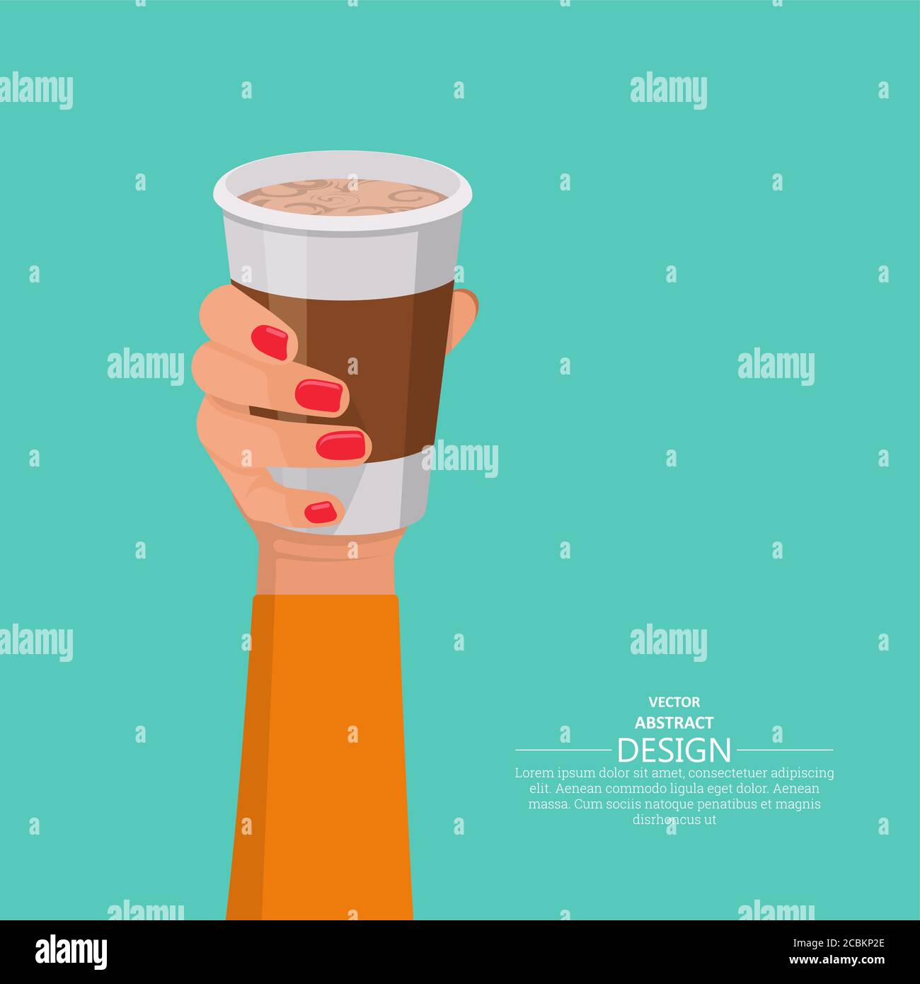 La mano femmina tiene un bicchiere con caffè.Fast food.elementi di design in stile 3D.illustrazione vettoriale in stile piatto.Break per il caffè. Illustrazione Vettoriale