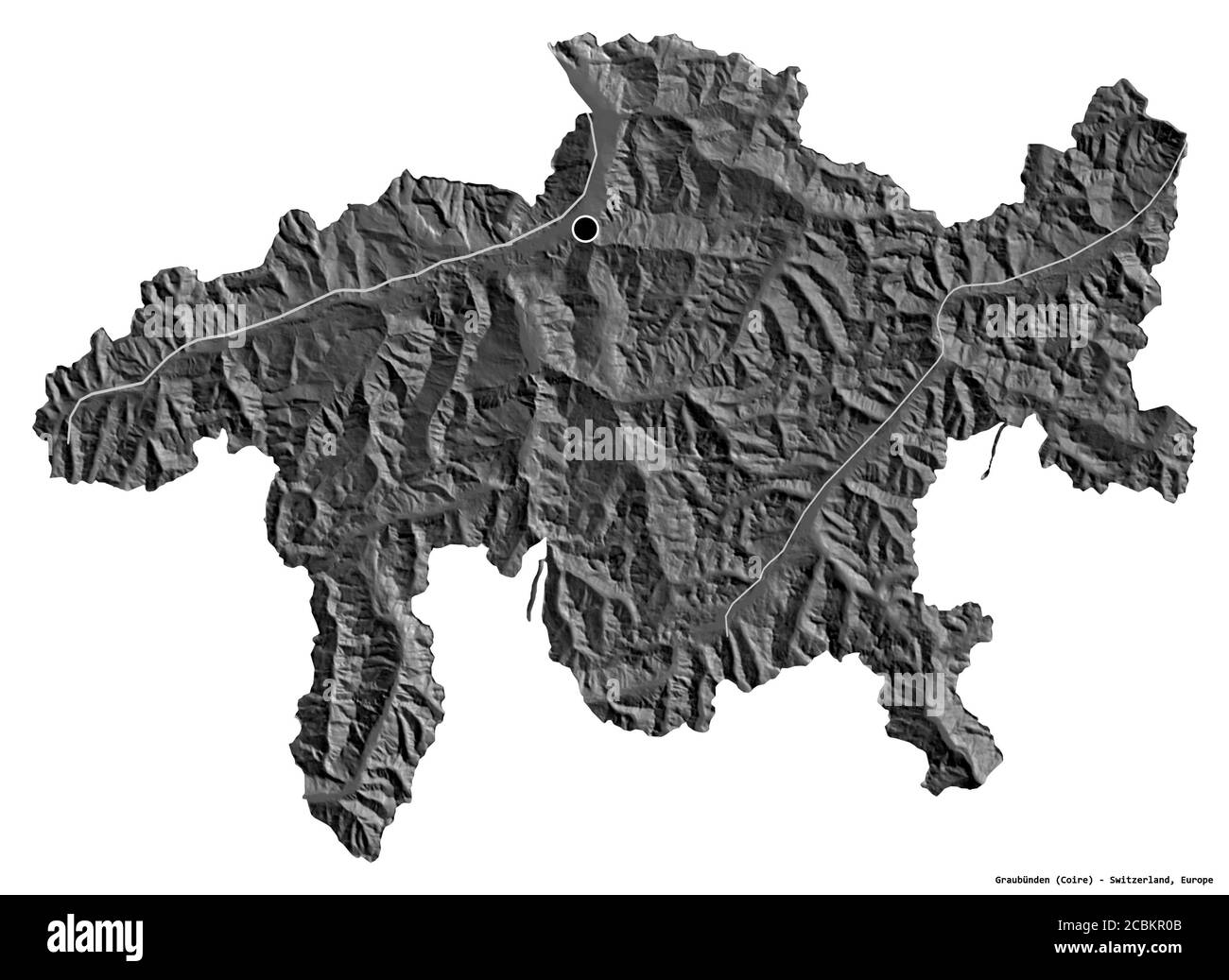 Forma di Graubünden, cantone della Svizzera, con la sua capitale isolata su sfondo bianco. Mappa elevazione bilivello. Rendering 3D Foto Stock