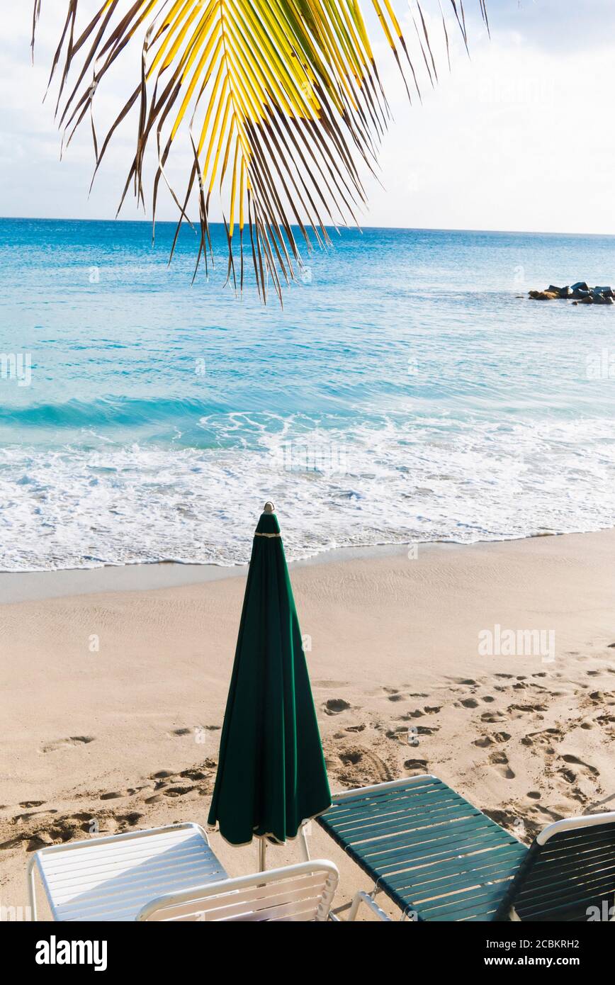 Sedie a sdraio vuote sulla spiaggia tropicale Foto Stock