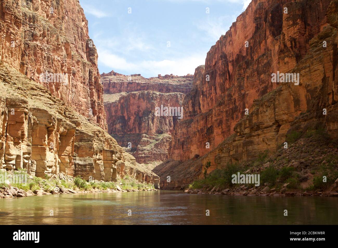 Vista ad angolo basso del Grand Canyon dal fiume Colorado, Arizona, Stati Uniti Foto Stock
