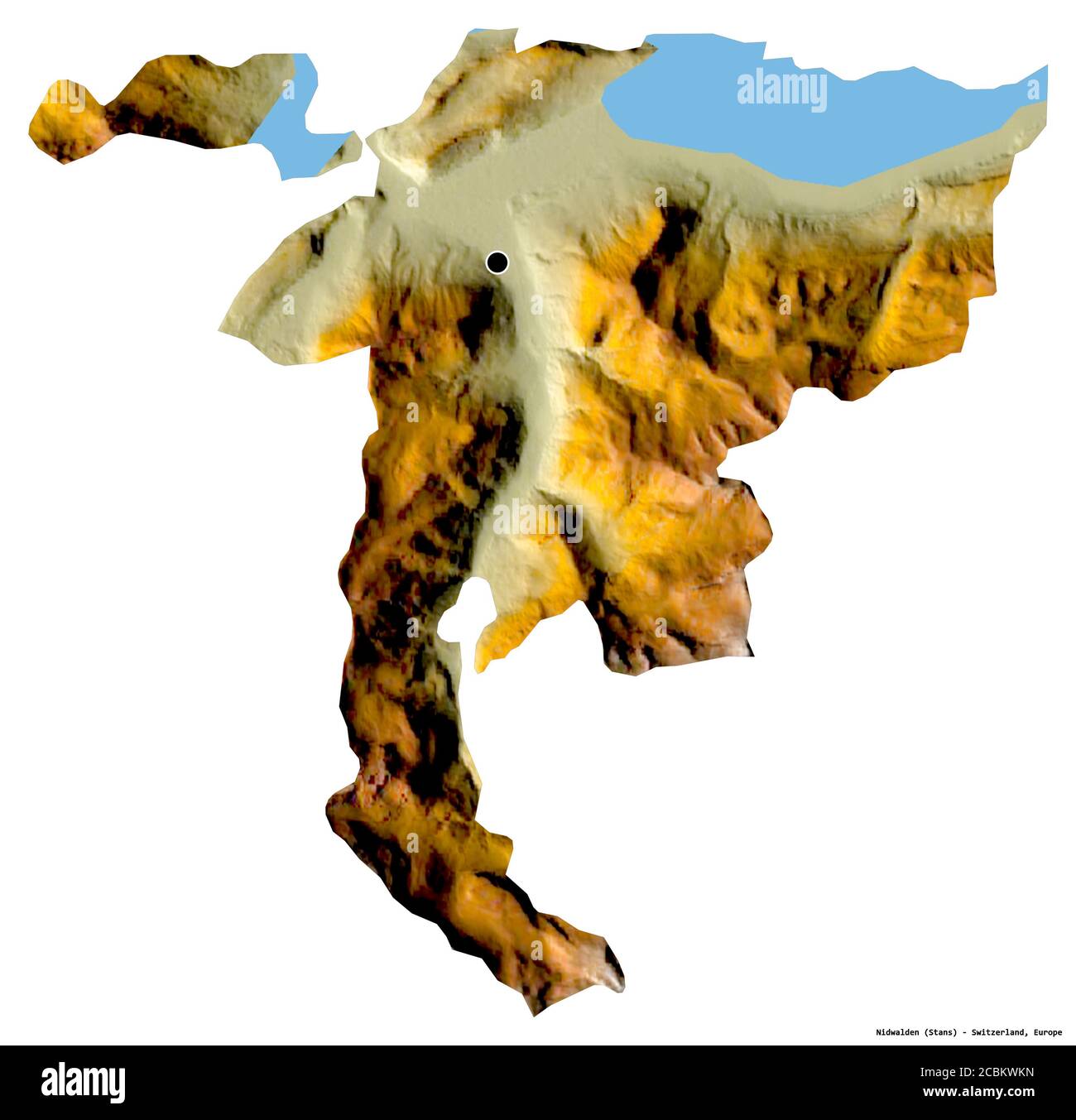 Forma di Nidvaldo, cantone svizzero, con la sua capitale isolata su sfondo bianco. Mappa di rilievo topografico. Rendering 3D Foto Stock