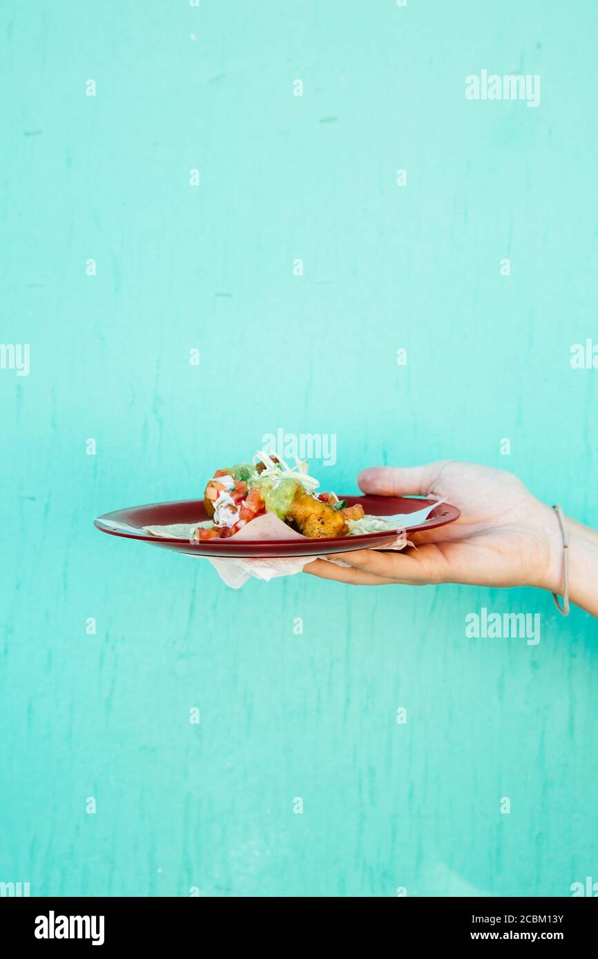 Piatto di pesce fresco taco, Ensenada, Baja California, Messico Foto Stock