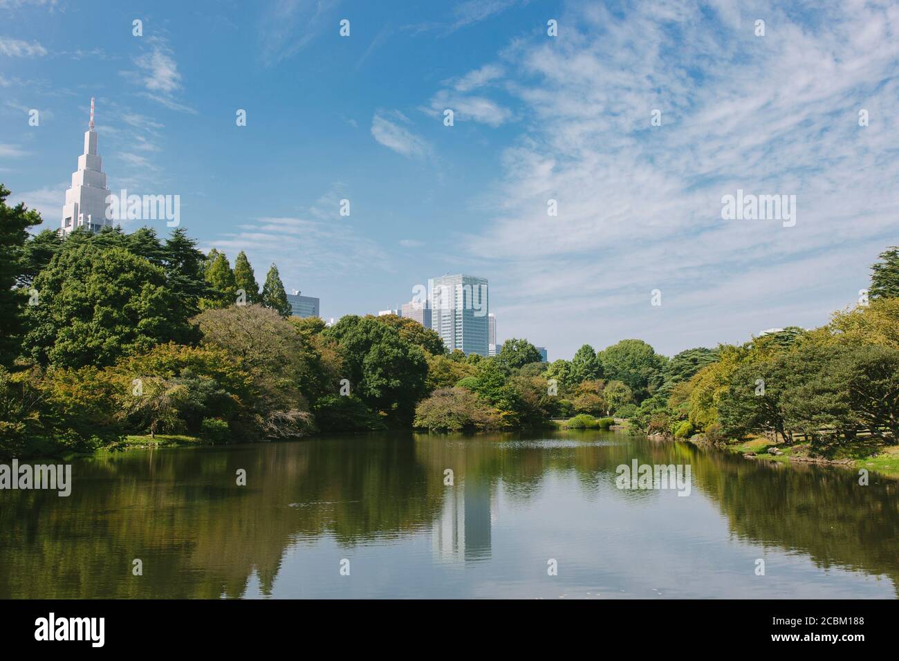 Vista del lago nel Giardino Nazionale Shinjuku Gyoen, Tokyo, Giappone Foto Stock