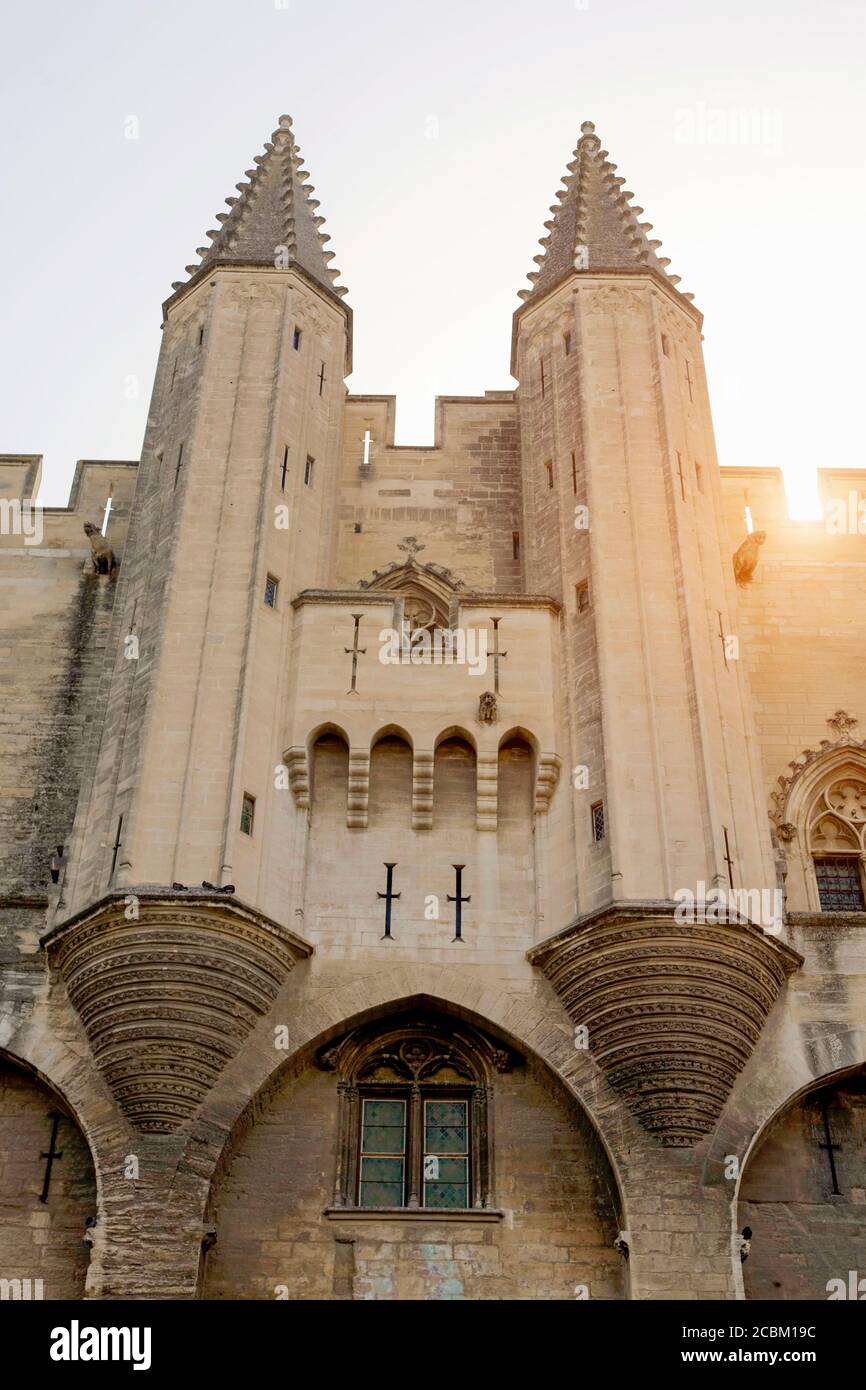 Palazzo dei Papi guglie e ingresso, Avignone, Provenza, Francia Foto Stock
