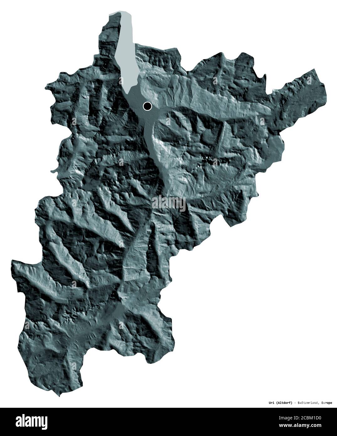 Forma di Uri, cantone della Svizzera, con la sua capitale isolata su sfondo bianco. Mappa di elevazione colorata. Rendering 3D Foto Stock