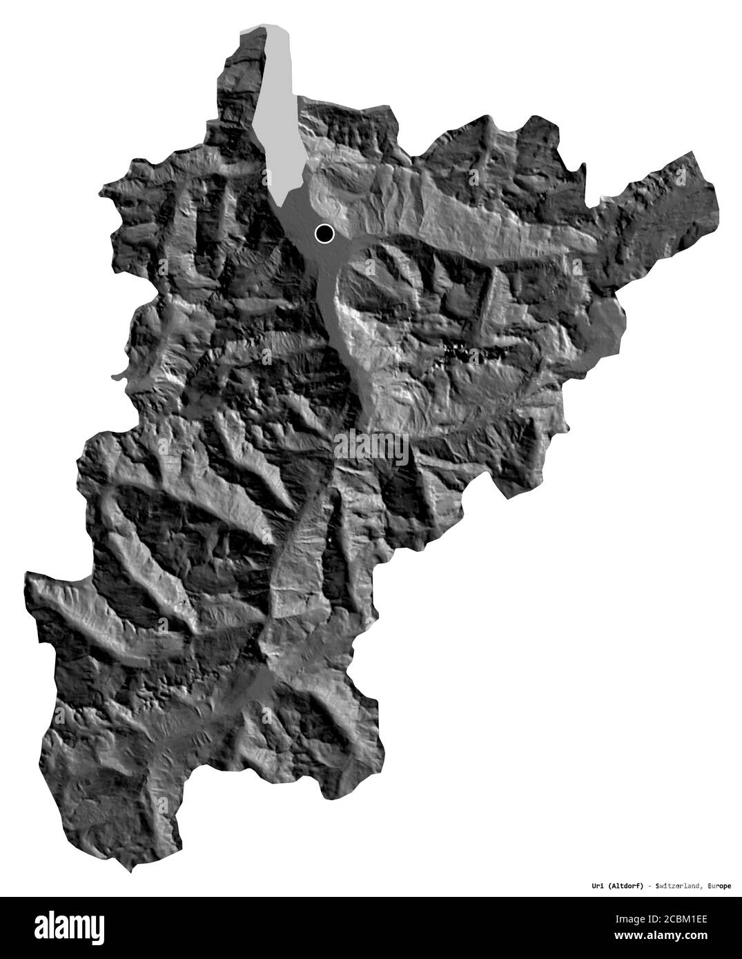 Forma di Uri, cantone della Svizzera, con la sua capitale isolata su sfondo bianco. Mappa elevazione bilivello. Rendering 3D Foto Stock