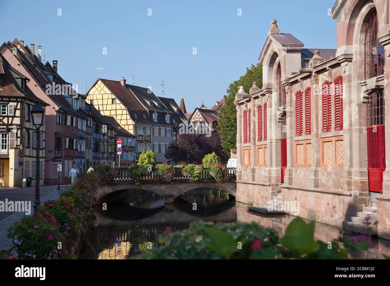 Case medievali e mercato lungo il canale, Colmar, Alsazia, Francia. Strada del vino alsaziano Foto Stock