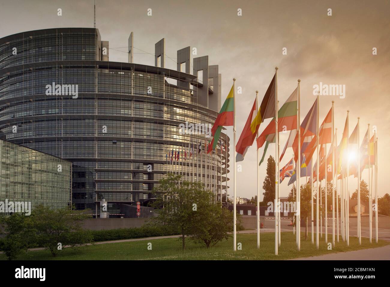 Bandiere degli stati membri, Parlamento europeo sullo sfondo, Strasburgo, Francia Foto Stock