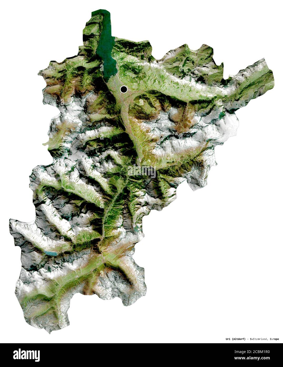 Forma di Uri, cantone della Svizzera, con la sua capitale isolata su sfondo bianco. Immagini satellitari. Rendering 3D Foto Stock