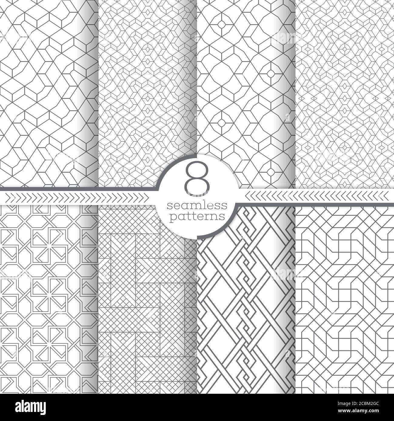 Set di pattern vettoriali senza giunture. Trame contemporanee infinitamente ripetitive costituite da linee sottili che formano ornamenti testurizzati con piastrelle di rombo, Illustrazione Vettoriale