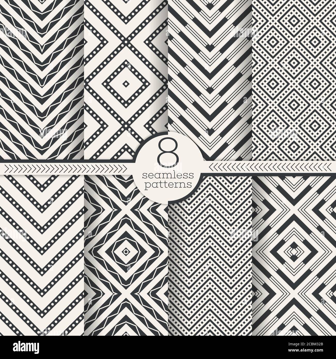 Serie di pattern vettoriali senza giunture. Texture geometriche moderne ed eleganti. Ornamenti geometrici infinitamente ripetitivi con rombo, diamante, zigzag e onda Illustrazione Vettoriale