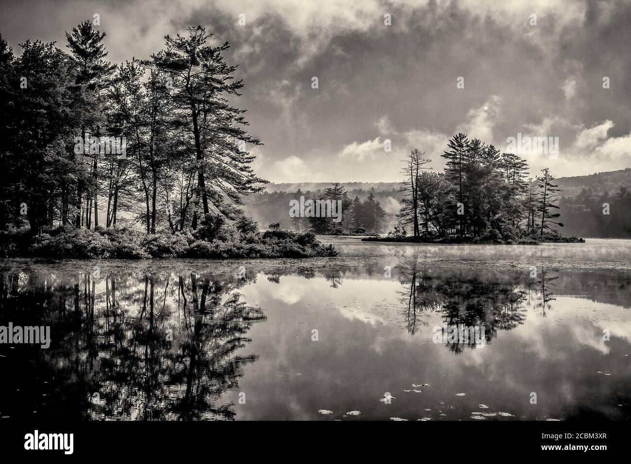 Una fotografia in bianco e nero di Harvard Pond a Petersham, Massachusetts Foto Stock