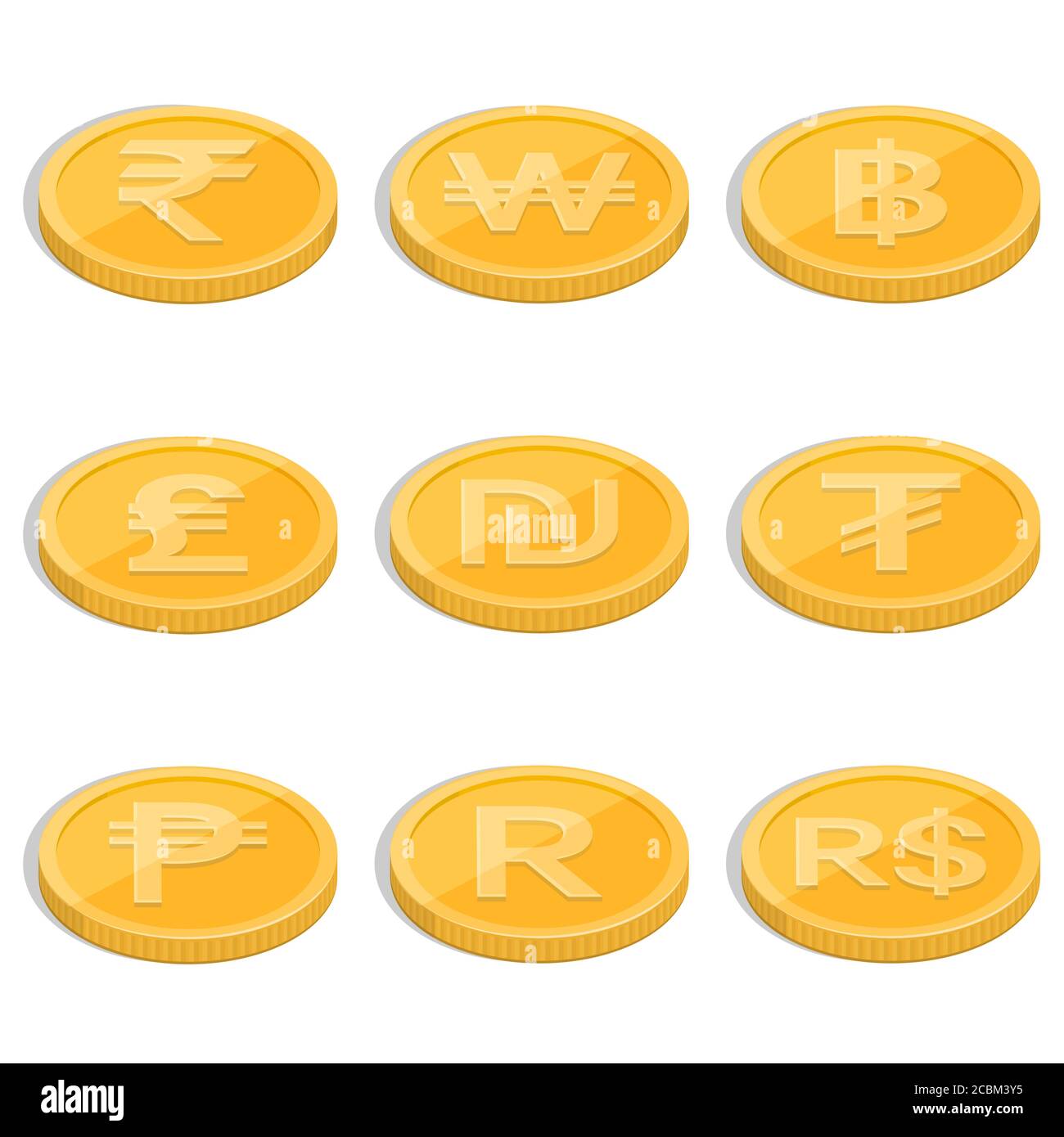 Un insieme di monete di simboli di valute dei paesi del mondo sul bianco isolato background.Signs rupie, baht, lira, shekel, dollaro, tugrik Illustrazione Vettoriale
