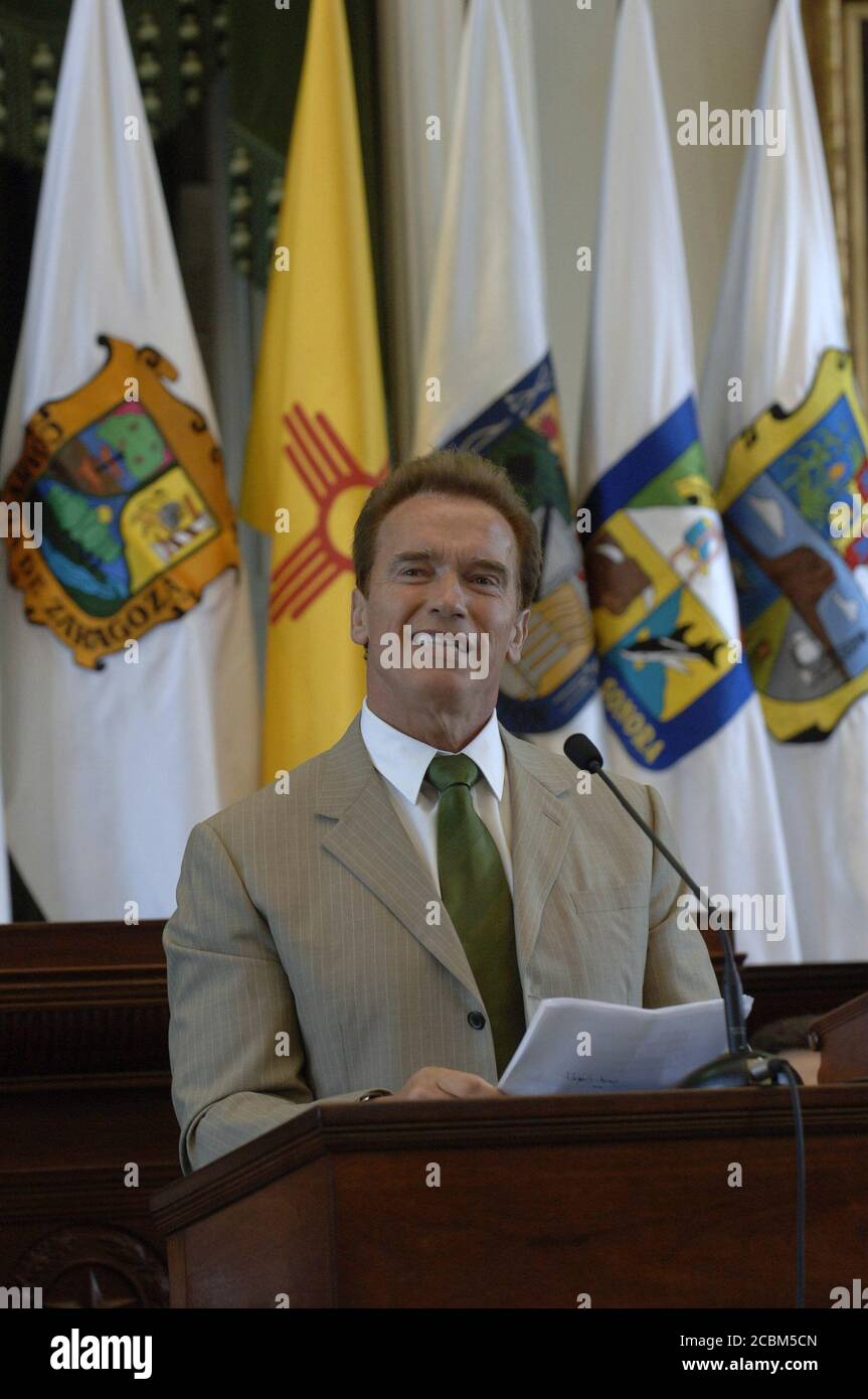 Austin, Texas USA, 25 agosto 2006: California Gov. Arnold Schwarzenegger discute le relazioni del suo stato con il Messico durante la cerimonia di chiusura della conferenza annuale dei governatori di confine presso il Campidoglio del Texas. La vicenda di due giorni dà ai governatori degli Stati Uniti e del Messico la possibilità di discutere le questioni di confine di reciproca preoccupazione. ©Bob Daemmrich Foto Stock