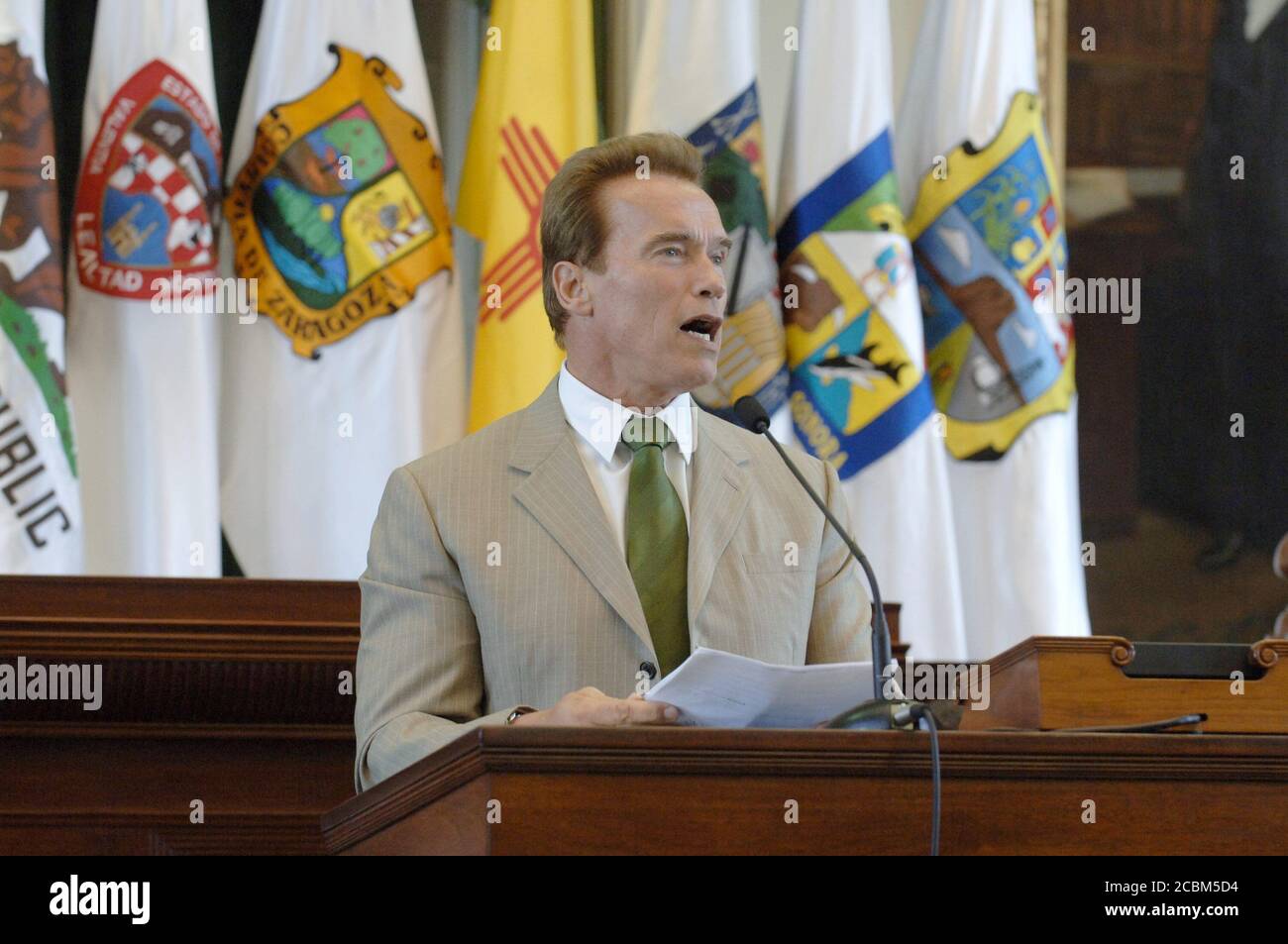 Austin, Texas USA, 25 agosto 2006: California Gov. Arnold Schwarzenegger discute le relazioni del suo stato con il Messico durante la cerimonia di chiusura della conferenza annuale dei governatori di confine presso il Campidoglio del Texas. La vicenda di due giorni dà ai governatori degli Stati Uniti e del Messico la possibilità di discutere le questioni di confine di reciproca preoccupazione. ©Bob Daemmrich Foto Stock