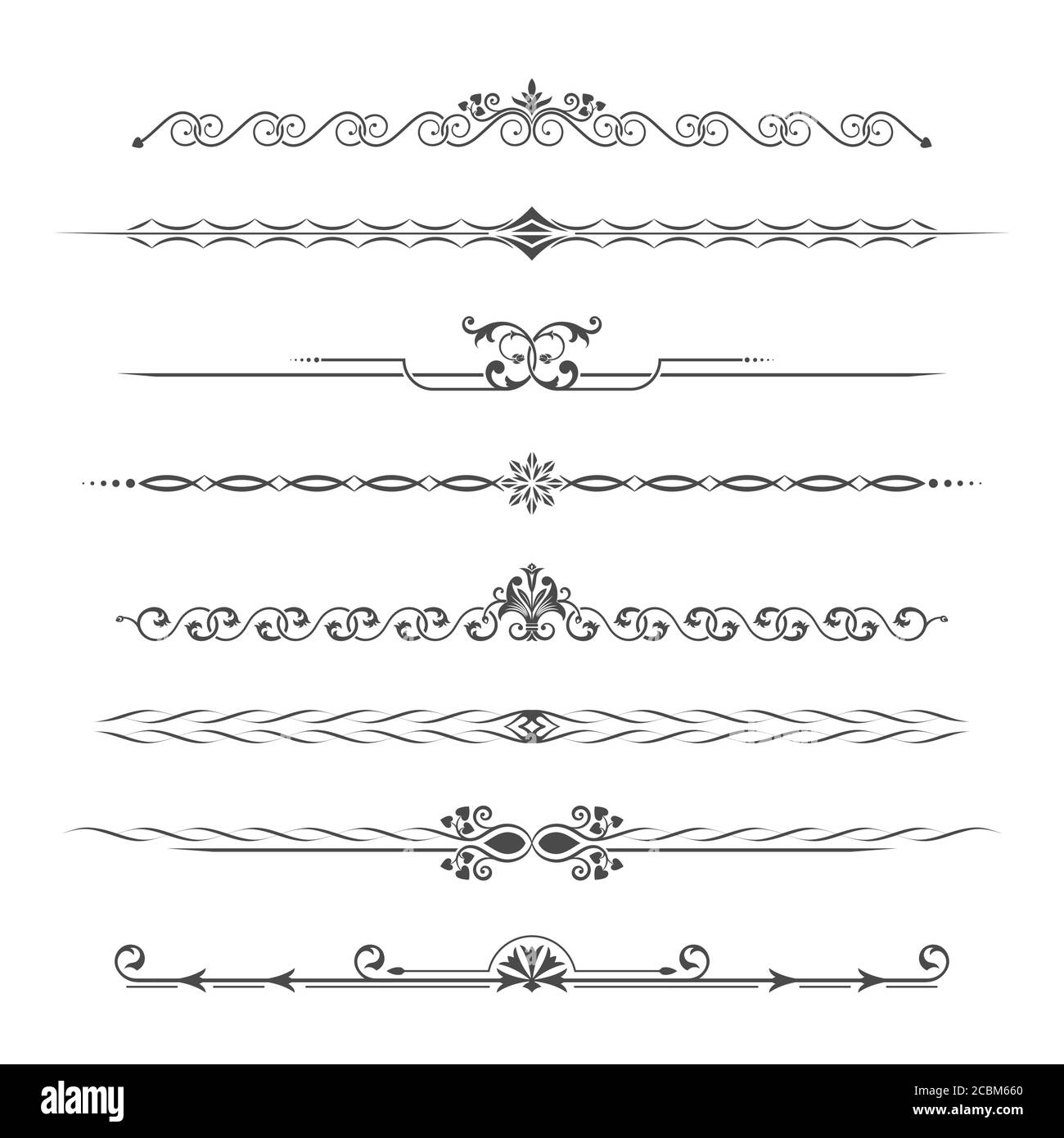 Insieme di elementi calligrafici monocromatici di progettazione. Implementazione della pagina. Assegnazione del testo in stile vintage. Partizioni tipografiche, je Illustrazione Vettoriale