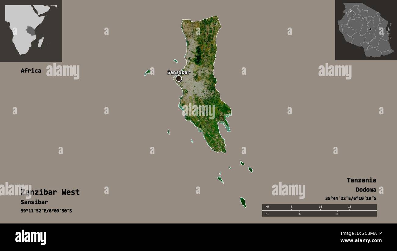 Forma di Zanzibar ovest, regione della Tanzania, e la sua capitale. Scala della distanza, anteprime ed etichette. Immagini satellitari. Rendering 3D Foto Stock