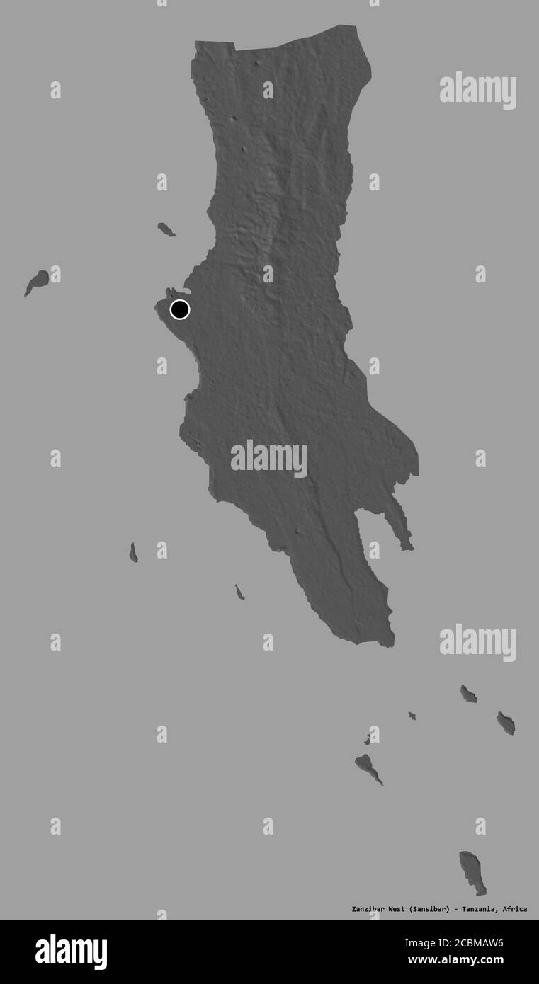 Forma di Zanzibar West, regione della Tanzania, con la sua capitale isolata su uno sfondo di colore pieno. Mappa elevazione bilivello. Rendering 3D Foto Stock