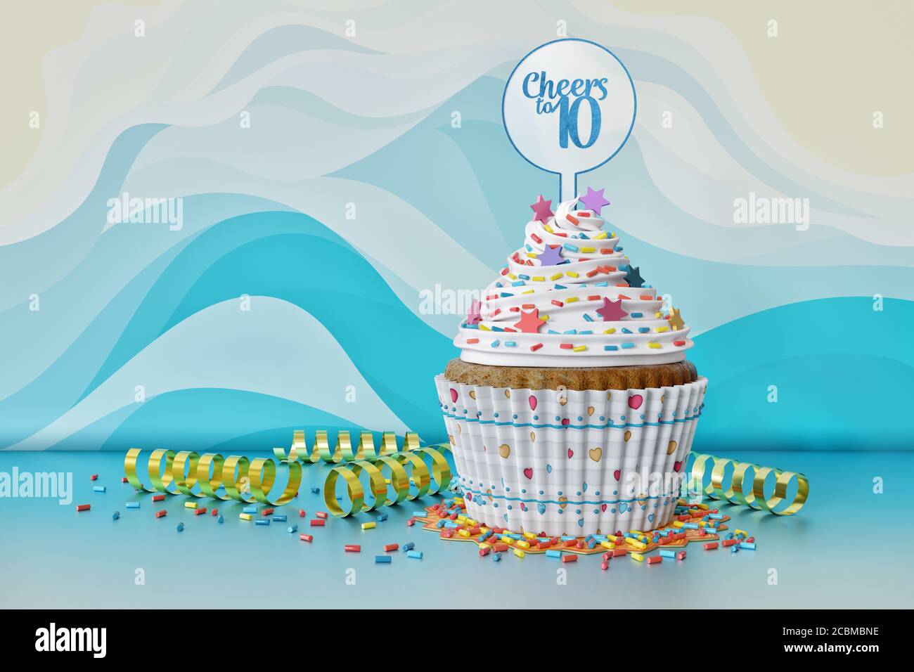 Rendering 3D di un cucpake di compleanno su sfondo blu Foto Stock