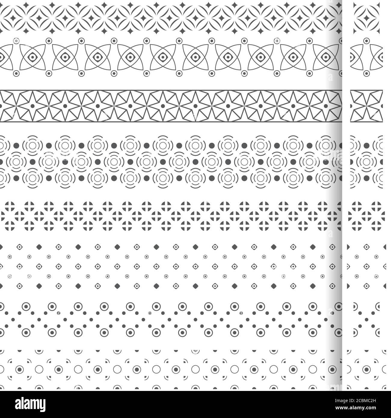 Set di divisori geometrici vettoriali. Bordi per il testo, biglietti d'invito, varie edizioni di stampa. Linee divisorie in forma di orizzontale senza cuciture Illustrazione Vettoriale