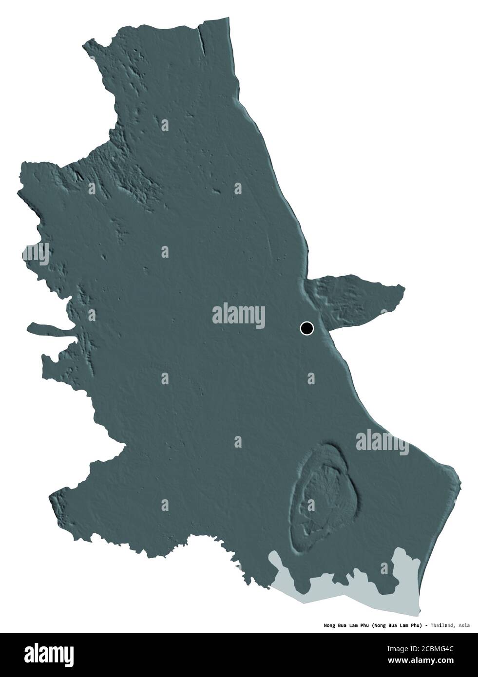 Forma di Nong Bua Lam Phu, provincia della Thailandia, con la sua capitale isolata su sfondo bianco. Mappa di elevazione colorata. Rendering 3D Foto Stock