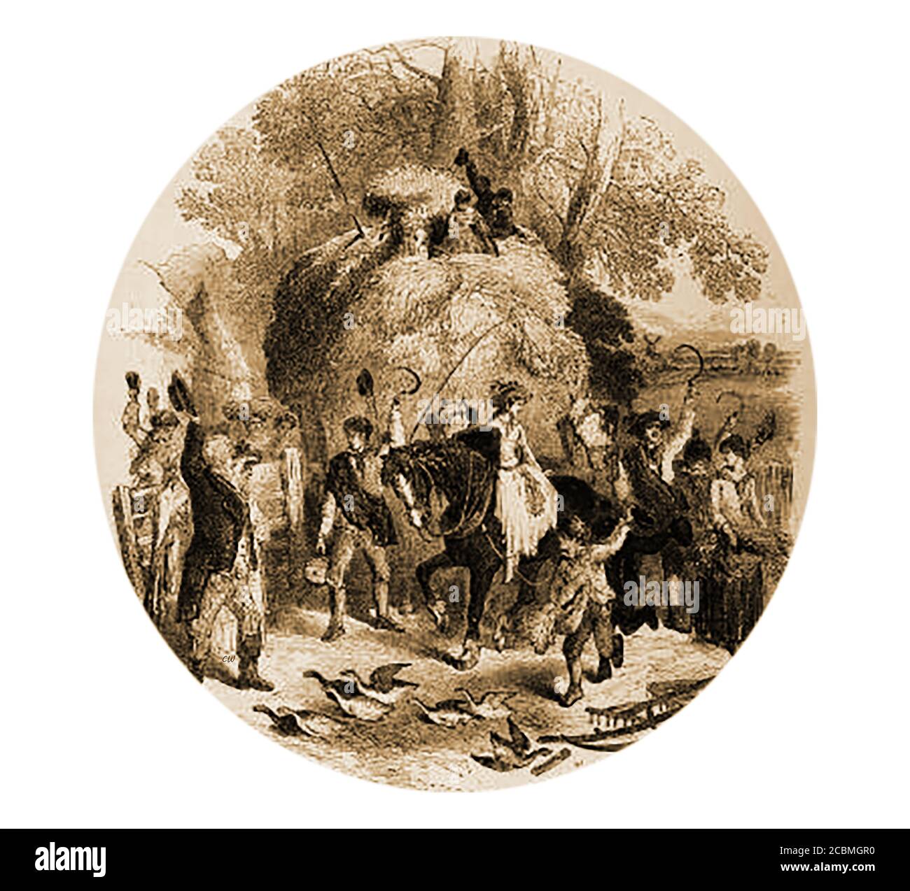Tradizionale vecchio dogane britanniche, feste ed eventi - UNA tradizionale celebrazione inglese 'Harvest Home', dopo la fine del lavoro di raccolta nella rurale Inghilterra - Agosto 1845. L'evento, chiamato anche l'InGathering, coincide con la festa della mietitura della chiesa, è stato celebrato fin dai primi tempi, di solito alla fine di settembre / inizio agosto, le celebrazioni variegate ma tipicamente includevano il digiuno, la musica e l'alcol da bere. L'ultimo foglio di mais o altro grano fatto in una bambola di raccolta di nome Cailleac è bevuto con acqua mantenuta fino al raccolto successivo, che rappresenta lo spirito pagano dei campi. Foto Stock