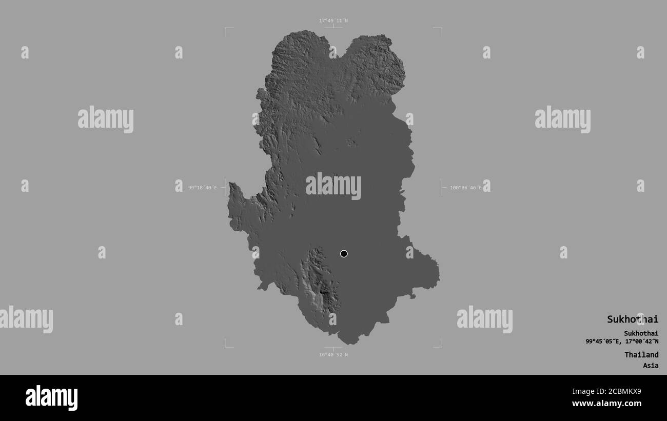 Area di Sukhothai, provincia della Thailandia, isolata su uno sfondo solido in un rettangolo di selezione georeferenziato. Etichette. Mappa elevazione bilivello. Rendering 3D Foto Stock