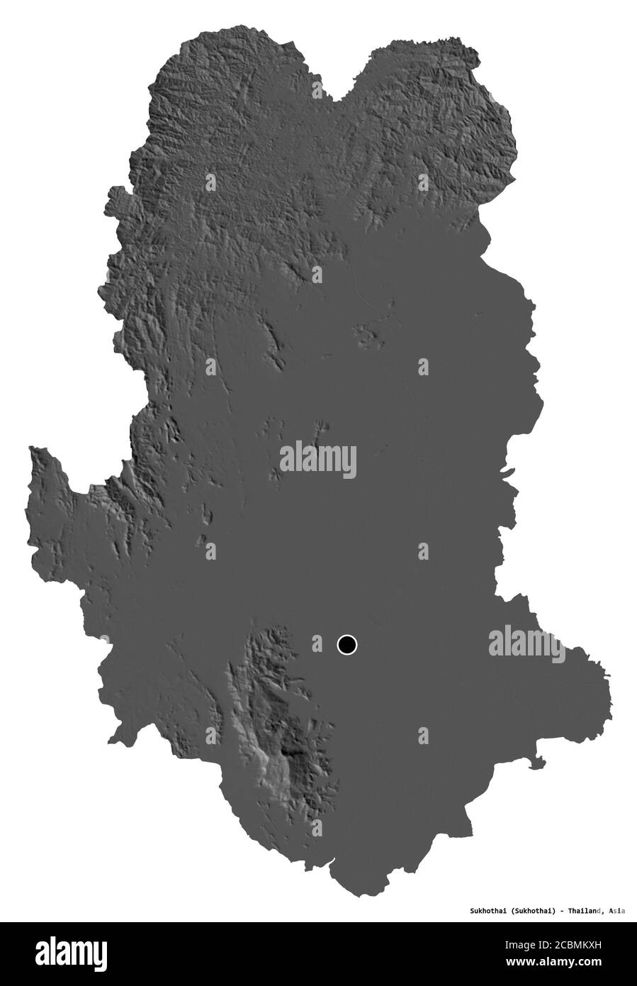 Forma di Sukhothai, provincia della Thailandia, con la sua capitale isolata su sfondo bianco. Mappa elevazione bilivello. Rendering 3D Foto Stock