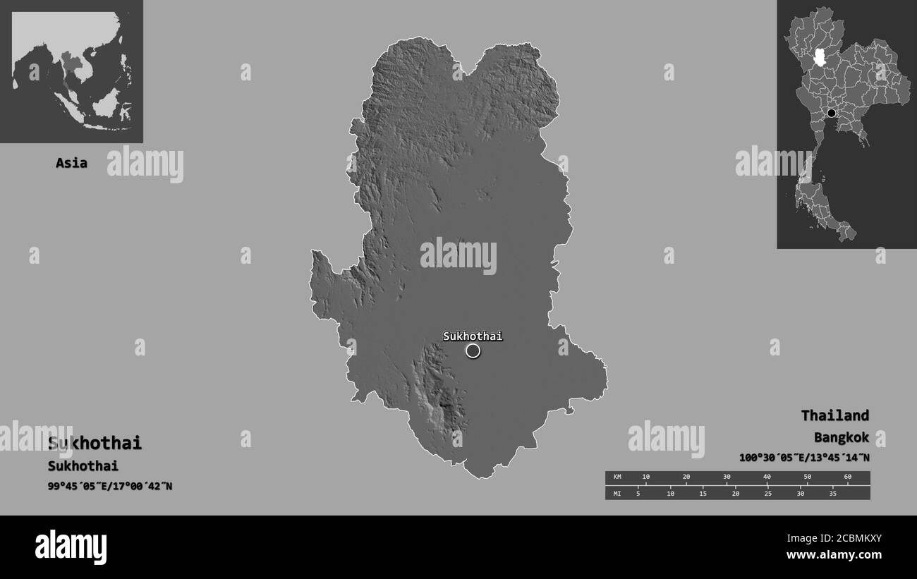 Forma di Sukhothai, provincia della Thailandia, e la sua capitale. Scala della distanza, anteprime ed etichette. Mappa elevazione bilivello. Rendering 3D Foto Stock