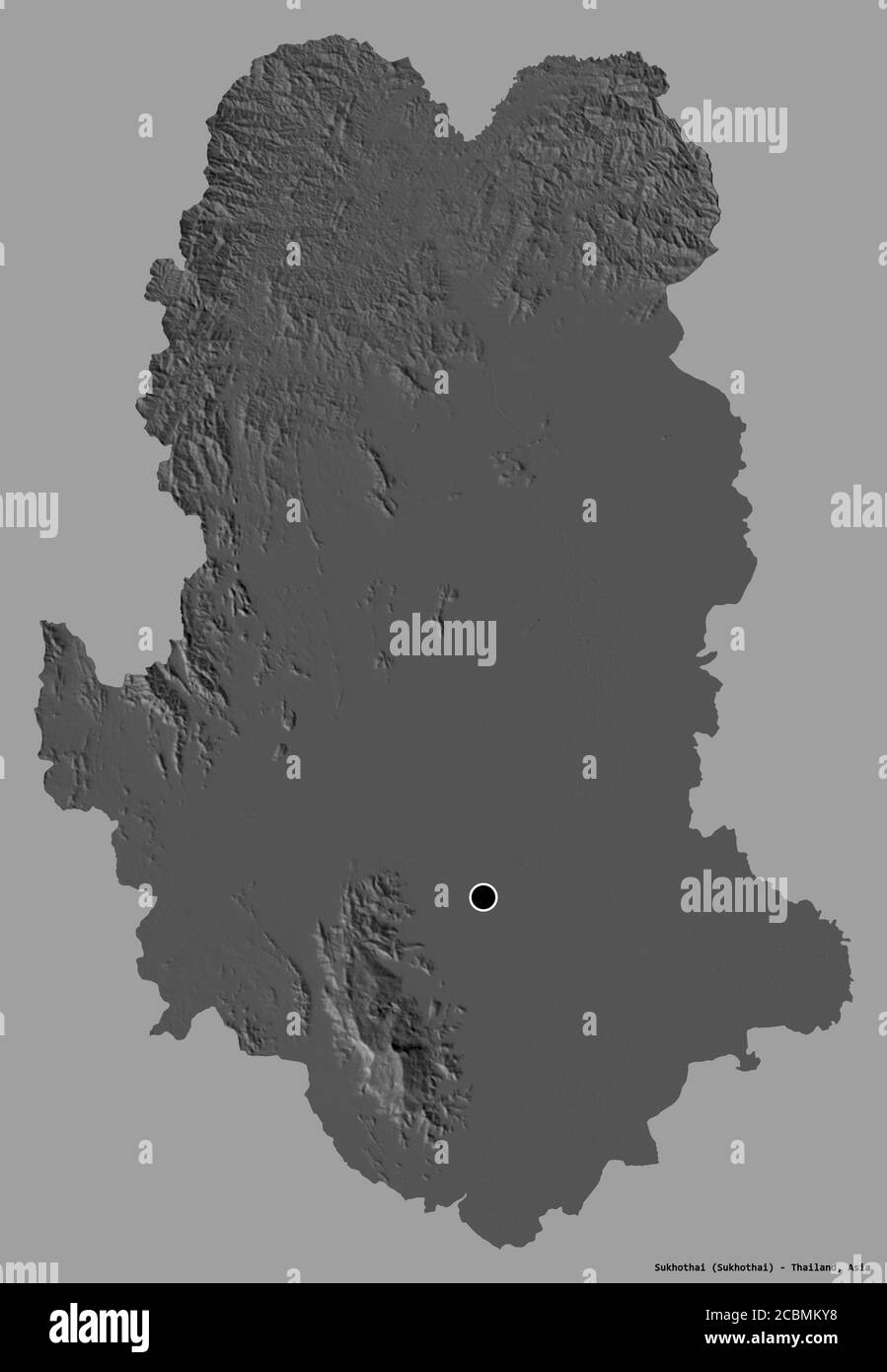 Forma di Sukhothai, provincia della Thailandia, con la sua capitale isolata su uno sfondo di colore pieno. Mappa elevazione bilivello. Rendering 3D Foto Stock