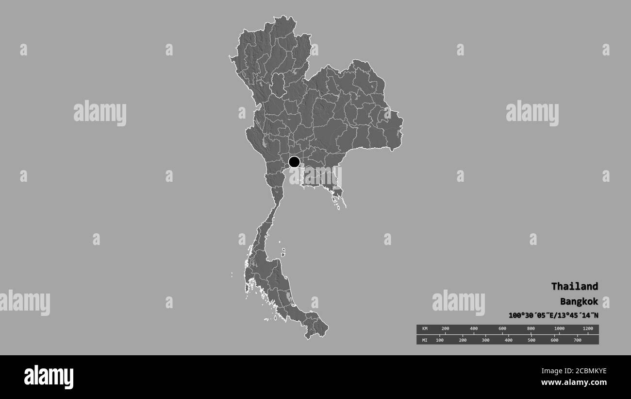 Forma desaturata della Thailandia con la sua capitale, la principale divisione regionale e l'area separata di Sukhothai. Etichette. Mappa elevazione bilivello. Rendering 3D Foto Stock
