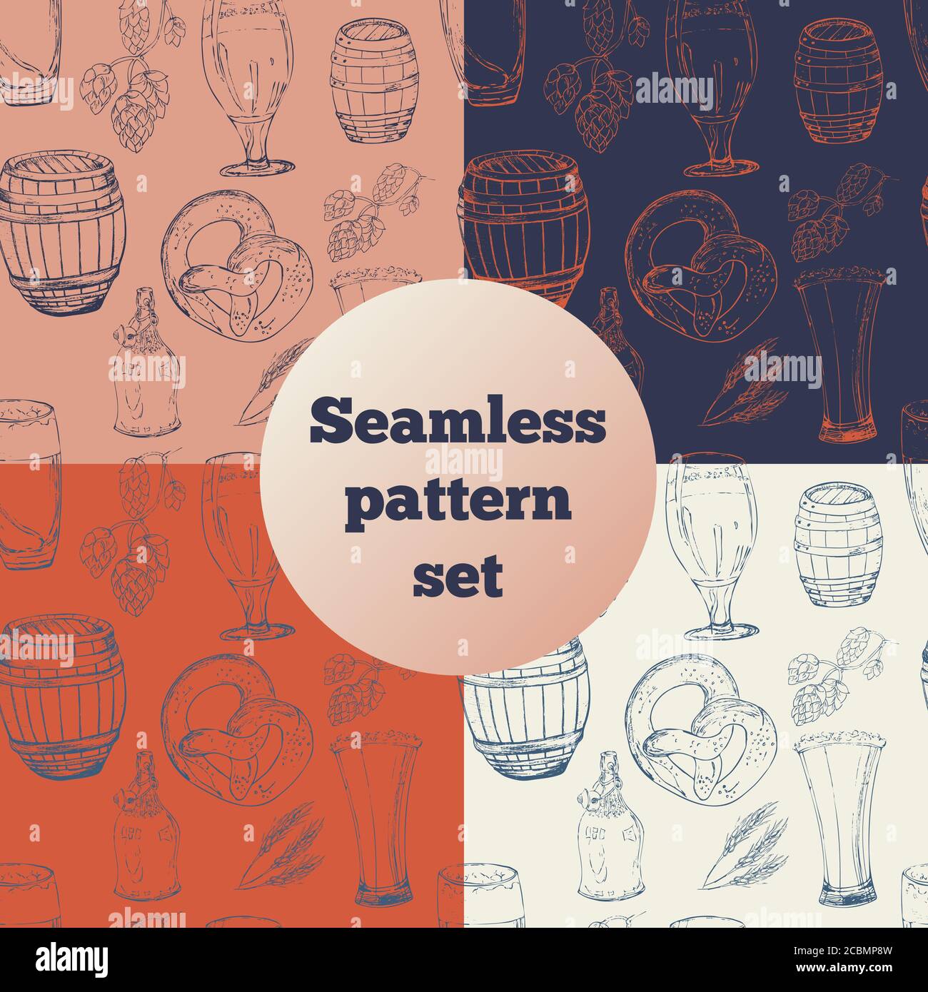 Set di elementi di birra disegnati a mano per il giorno di San Patrizio, per avvolgere carta, carta da parati, motivi di tessuto, sfondo, stampa, confezione regalo, copertina Illustrazione Vettoriale