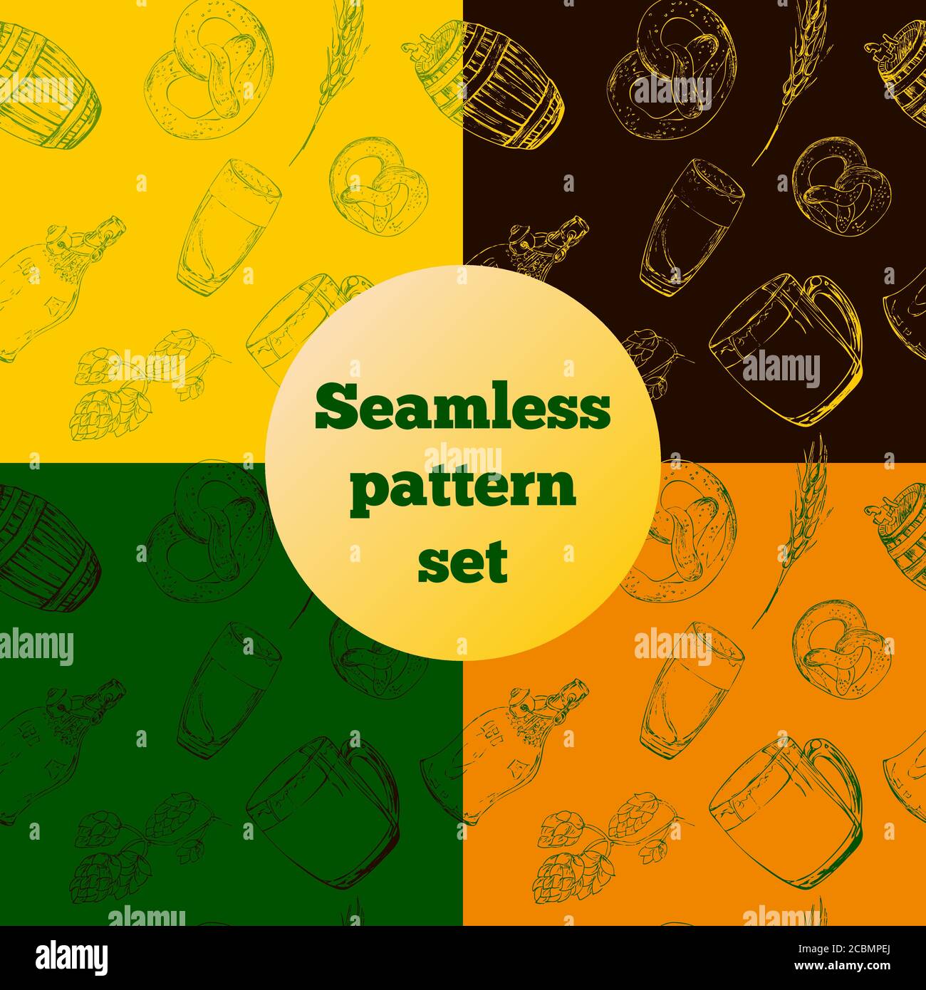 Set di elementi di birra disegnati a mano per il giorno di San Patrizio, per avvolgere carta, carta da parati, motivi di tessuto, sfondo, stampa, confezione regalo, copertina Illustrazione Vettoriale