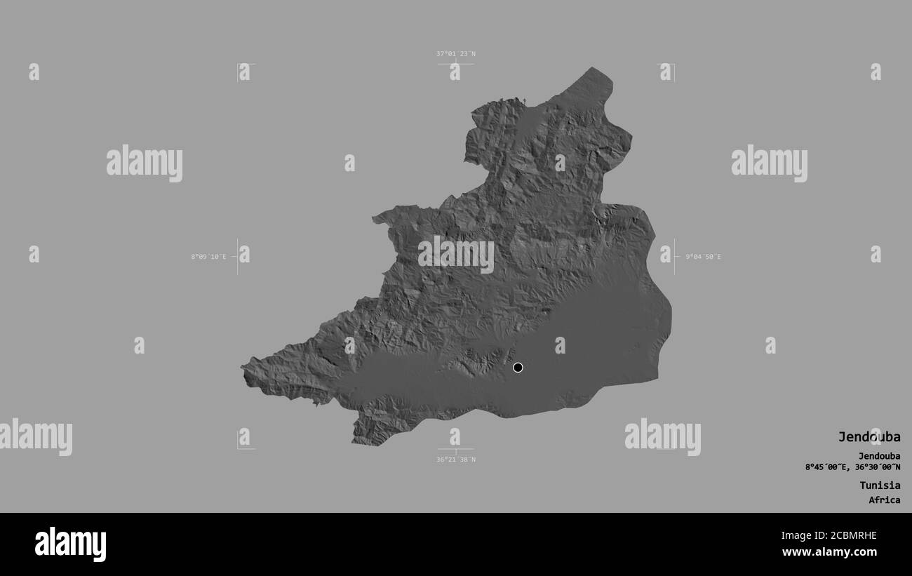 Area di Jendouba, governatorato della Tunisia, isolata su un solido sfondo in una scatola di delimitazione georeferenziata. Etichette. Mappa elevazione bilivello. Rendering 3D Foto Stock